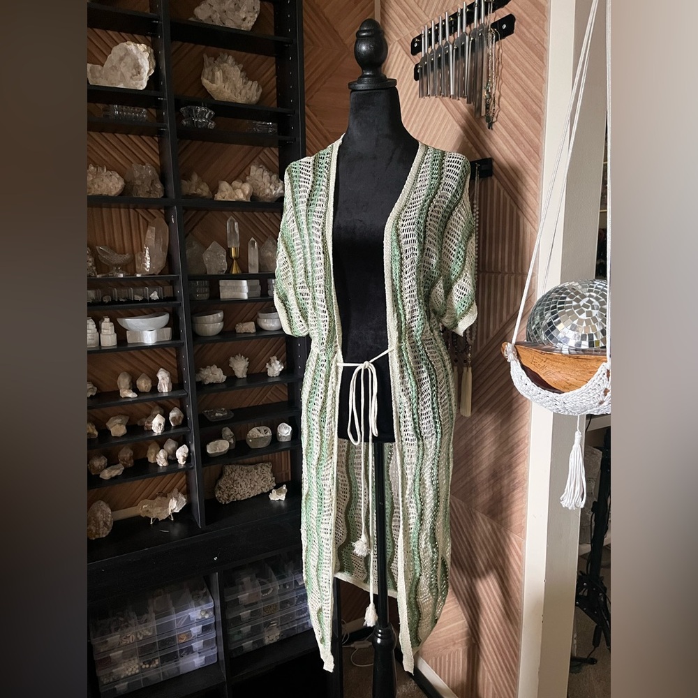 POL Crochet Loose Knit Sleeveless Beach Tie Front Kimono Green Tan Cover Up Sz M